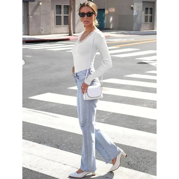 Long Sleeve Women Lace V Neck Ribbed Fitted Blouse Casual Work Top - Picture 7 of 9